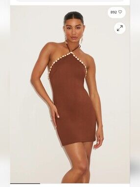 Lulus Azeneth Brown Shell Bodycon Halter Mini Dress Size SMALL